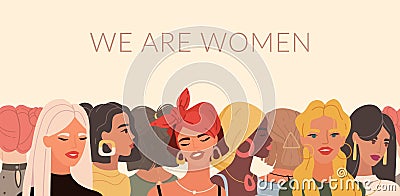 Multinational female portraits. International women day, young ladies different nationalities, feminist horizontal Vector Illustration