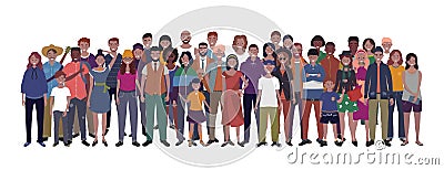 Multinational group of people isolated on white background. Children, adults and teenagers stand together. Vector Vector Illustration