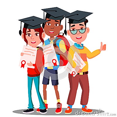 Multinational Group Of Students In Graduation Caps And With Diplomas In Hands Vector. Isolated Illustration Vector Illustration