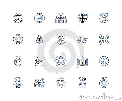 Multinational trade line icons collection. Globalization, Import, Export, Tariffs, Exchange, Currency, Balance vector Vector Illustration