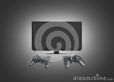 Multiplayer game concept on the console Illustration of two joysticks on TV background 3d render on black gradient Stock Photo