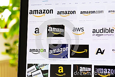 Multiple Amazon company logos on images search engine page Editorial Stock Photo