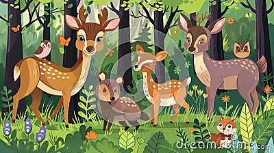 Multiple animals in the forest with stickers, in the style of dau al set, AI generated Stock Photo