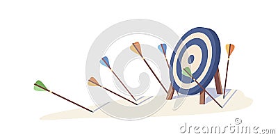 Multiple arrow missed hitting target mark isolated on white background. Fail archery goal inaccurate to purpose vector Vector Illustration