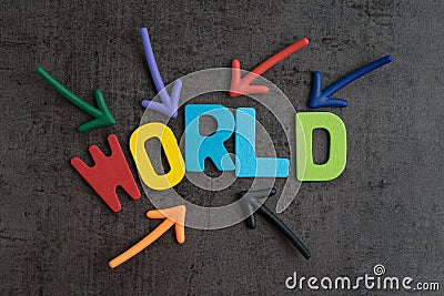 Multiple arrow pointing to wooden alphabets building the word WORLD at the center of cement chalkboard wall, important of world Stock Photo