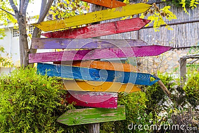 Multiple blank signs on a wooden pole in green area Stock Photo