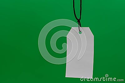 Multiple blank white tag price hanging on green background Stock Photo