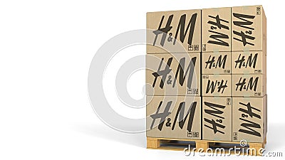 Multiple boxes with H&M logo. Editorial 3D rendering Editorial Stock Photo