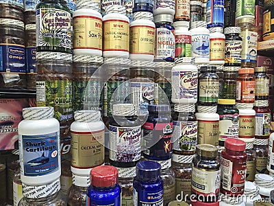 Multiple brands variety vitamins and supplements. Editorial Stock Photo