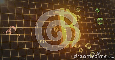 Multiple bubbles floating over grid network against bitcoin symbol in space Stock Photo