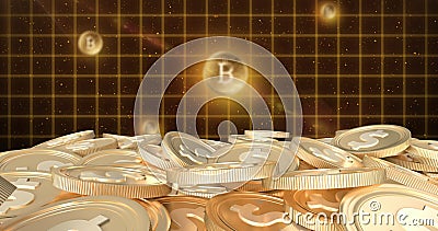 Multiple bubbles floating over grid network against bitcoins in space Stock Photo