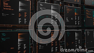 Multiple cells with information. Animation. Virtual space with information and numeric cells on black background. Rows Stock Photo