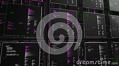 Multiple cells with information. Animation. Virtual space with information and numeric cells on black background. Rows Stock Photo