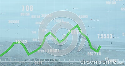 Multiple changing numbers floating over green graph moving against bulldozer working on landfill Stock Photo