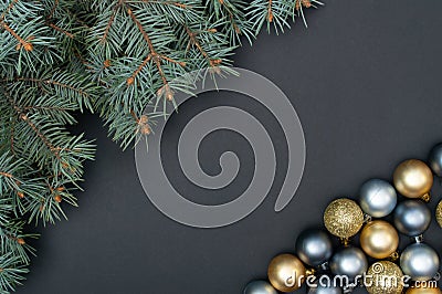 Multiple Christmas silver and gold baubles creative decoration pattern with pine tree branches Stock Photo