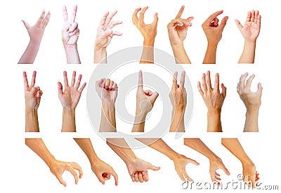 Multiple collection hand in gestures isolated on white background of asian Stock Photo