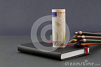 Multiple color pencils with euro currency and black journal Stock Photo