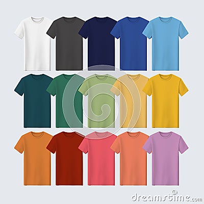 Multiple Color Tshirt for Designers, Unisex Mockup Fashion Shirt, Man Blank T-Shirt Clothes Template, Realistic Male Vector Illustration