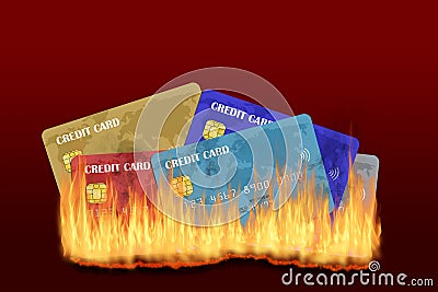Burning Credit Cards With Fire and Smoke Isolated on Red Background Stock Photo