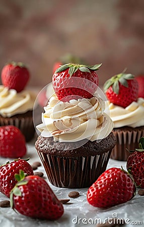 multiple cupcakes and strawberries sitting on top of strawberries Stock Photo