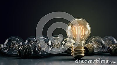 Multiple 3D Illustrated Incandescent Light Bulbs on a Reflective Surface Cartoon Illustration