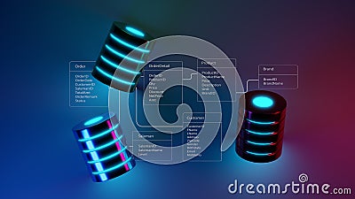 Multiple database is placed on Relational database tables. Cartoon Illustration