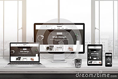 Multiple devices with modern, responsive, flat web site presentation Stock Photo