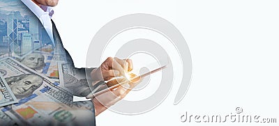 Multiple exposure of business man is using tablet to command finiancial with empty space Stock Photo