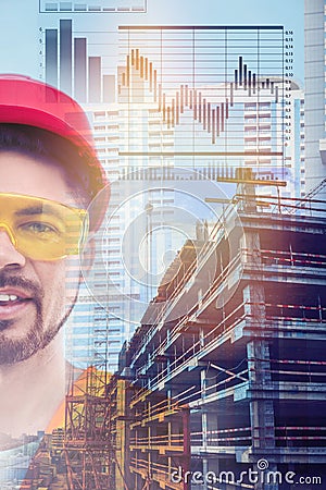 Multiple exposure of male industrial engineer, scheme and construction Stock Photo