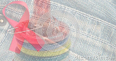 Multiple exposure of red ribbon with condoms and jeans pocket, copy space Stock Photo