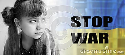 Multiple exposure of sad little girl, national flag and ruined building, banner design. Stop war in Ukraine Stock Photo