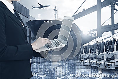 Multiple exposures of business shipping and logsitcs of people working with transportion Stock Photo