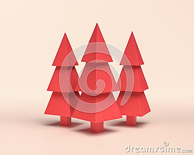 Multiple Hard Edge Pine Trees, monochrome red color 3d Icon tree on white background, solid flat colors,3d Rendering Stock Photo