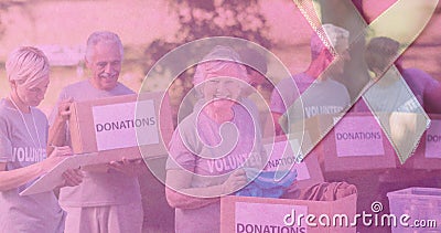 Multiple image of caucasian seniors holding donation boxes and awareness ribbon Stock Photo