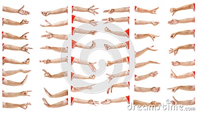 A multiple image set of caucasian asian female hand gestures isolated over white background. Carefully cutout by pen tool and Stock Photo