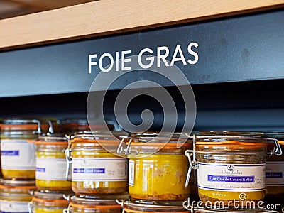 Multiple jars of duck foie gras, Paris, France Editorial Stock Photo
