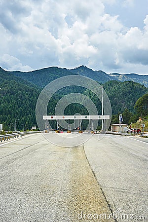 Multiple lane toll barrier in Greee Stock Photo