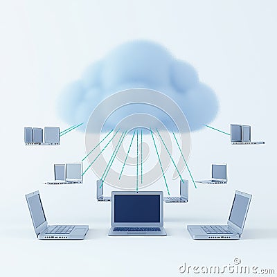 Multiple laptops connected to cloud cloud computing. Data storage, accessibility represented. Image shows modern tech concept. Stock Photo