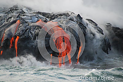 Multiple Lava Flows, Ocean, Steam, close up Stock Photo