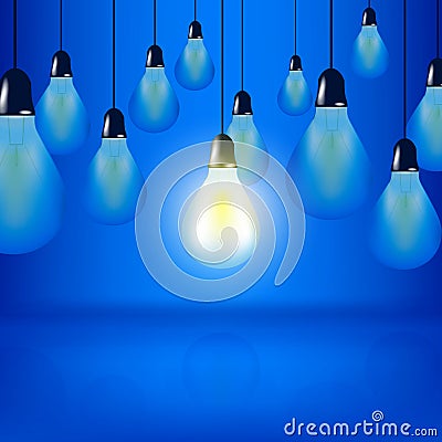 Multiple Light bulbs hanging with cords, one bulb is glowing Vector Illustration