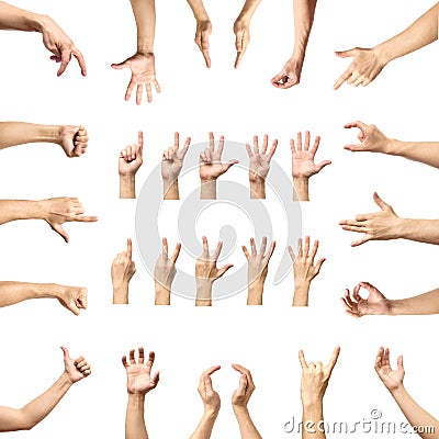 Multiple male caucasian hand gestures isolated over the white ba Stock Photo