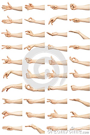 Multiple male caucasian hand gestures isolated over the white background Stock Photo