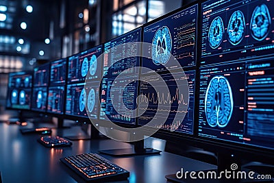 Multiple monitors display complex medical diagnostics. Advanced tech displays brain scans, data charts. Medical research Stock Photo