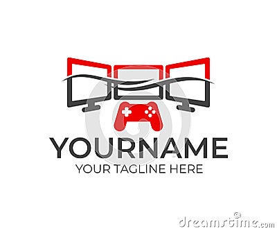 Multiple monitors and joystick with waves, logo template. Game interface and gaming device, vector design Vector Illustration