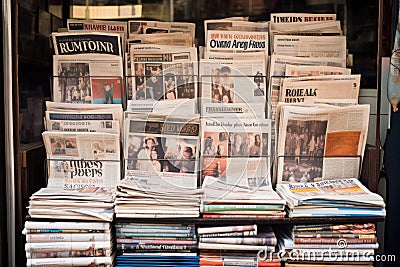 Multiple newspapers piled on top of each other, forming a stack of informative periodicals., Newspapers are arranged on a market Stock Photo
