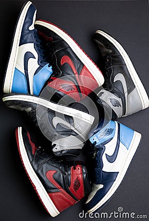 Multiple Pairs of Air Jordan 1 Shoes. Air Jordan 1 Shadow, Obsidian, and Bred (Banned). Editorial Stock Photo