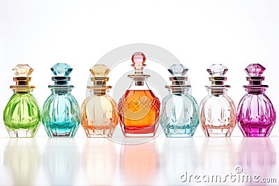 multiple perfume bottles organized by color on a light background Stock Photo