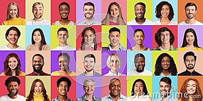 Multiple Portraits Of Multiethnic People In Collage Over Colorful Backgrounds Stock Photo