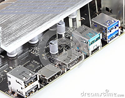 Multiple ports on modern computer mainboard show with USB 2.0, HDMI, Display port, USB 3.2 type A and type C, usb 3.1 Stock Photo