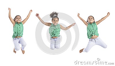 Multiple Poses of Happy Girl Jumping in the Air Stock Photo